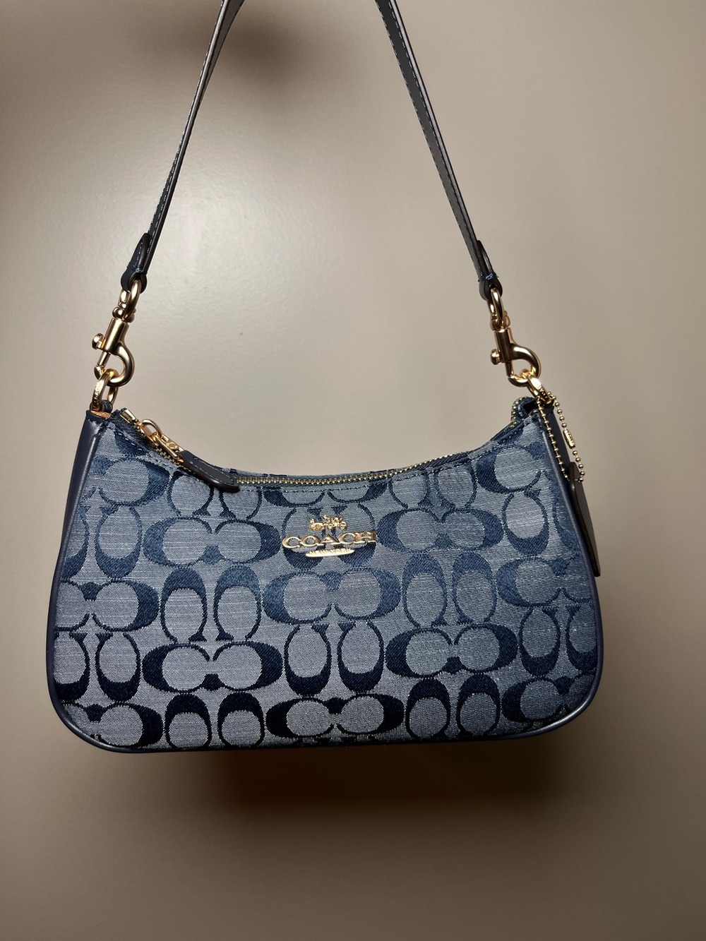 Navy Signature Jacquard Shoulder Bag with Gold Hardware